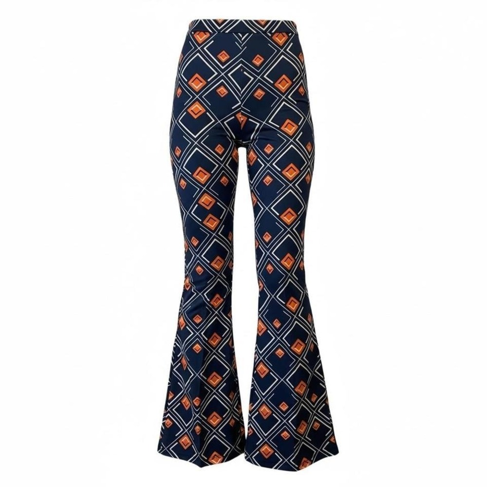 Zara NWT Navy and orange geometric print bell bottom stretch pants M